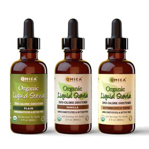 Yoga Nutrition Organic Liquid Stevia leaf extract bottles in plain, vanilla, and peppermint flavors.