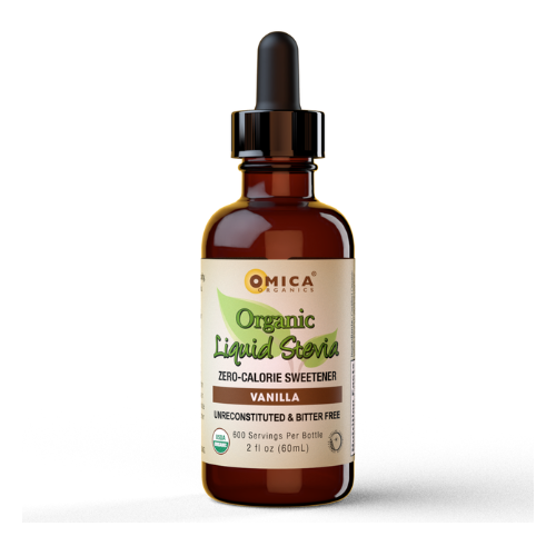 Yoga Nutrition Organic Liquid Stevia in a brown glass dropper bottle, zero-calorie vanilla sweetener.