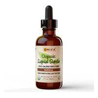 Yoga Nutrition Organic Liquid Stevia in a brown glass dropper bottle, zero-calorie vanilla sweetener.