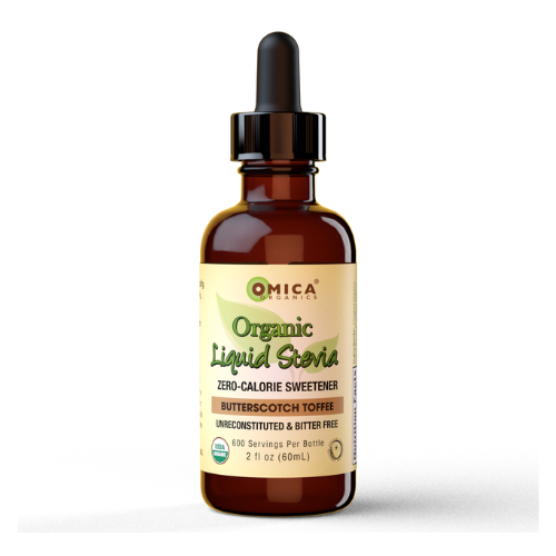 Yoga Nutrition Organic Liquid Stevia Butterscotch, sugar-free stevia liquid drops in amber glass bottle.