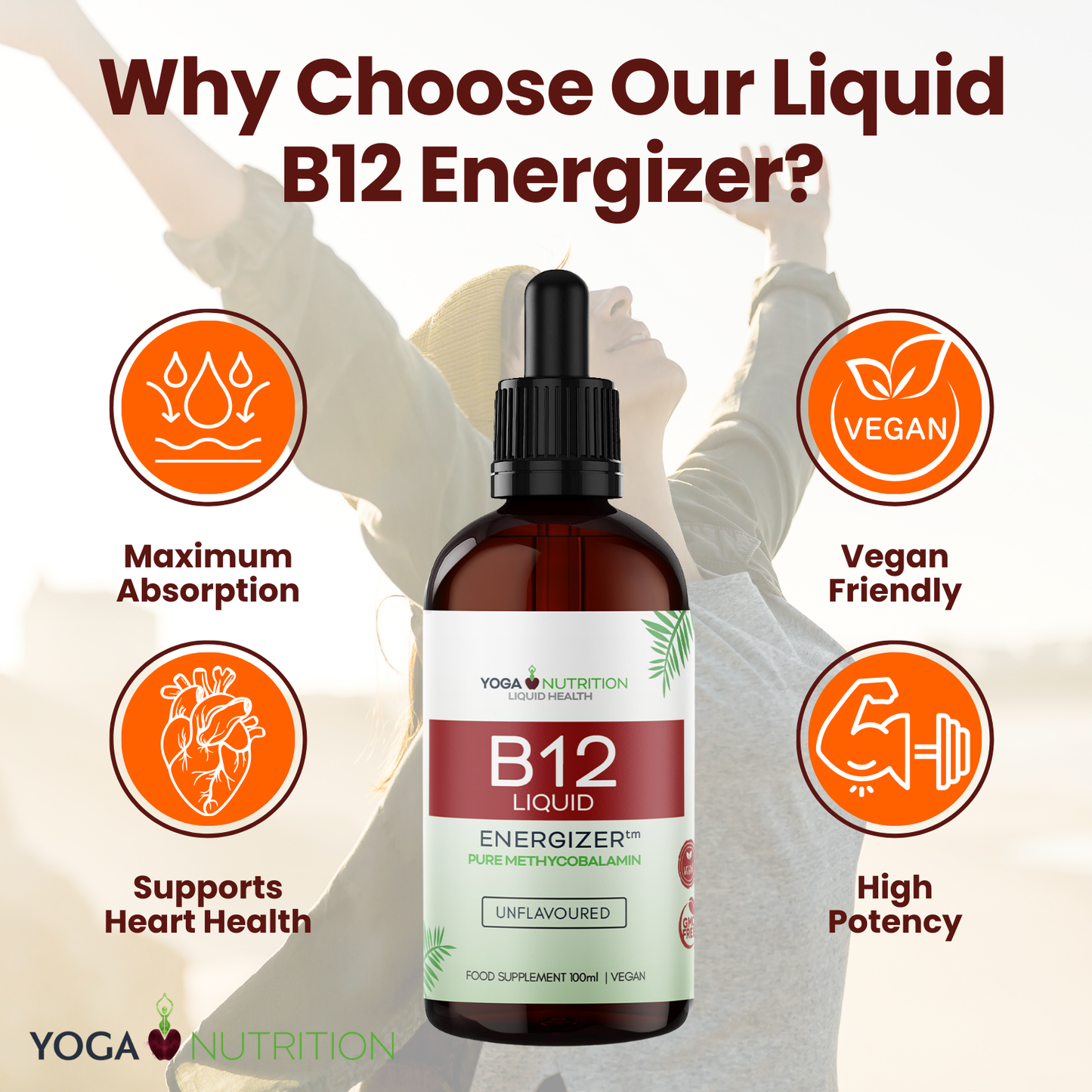 Experience the benefits of Yoga Nutrition's Liquid B12 Energizer, formulated to naturally boost your energy and health.