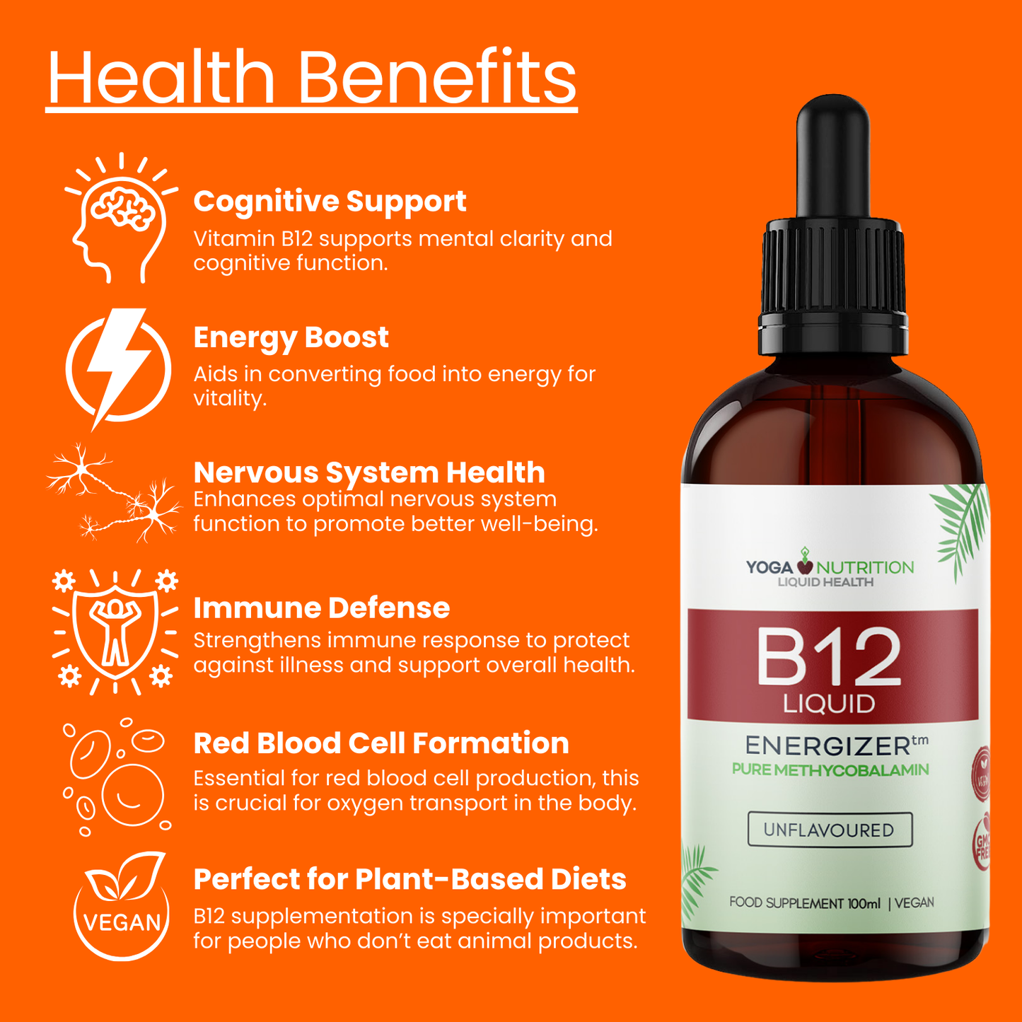 B12 drops by Yoga Nutrition, essential for energy boost and health, conveniently packaged for daily use.