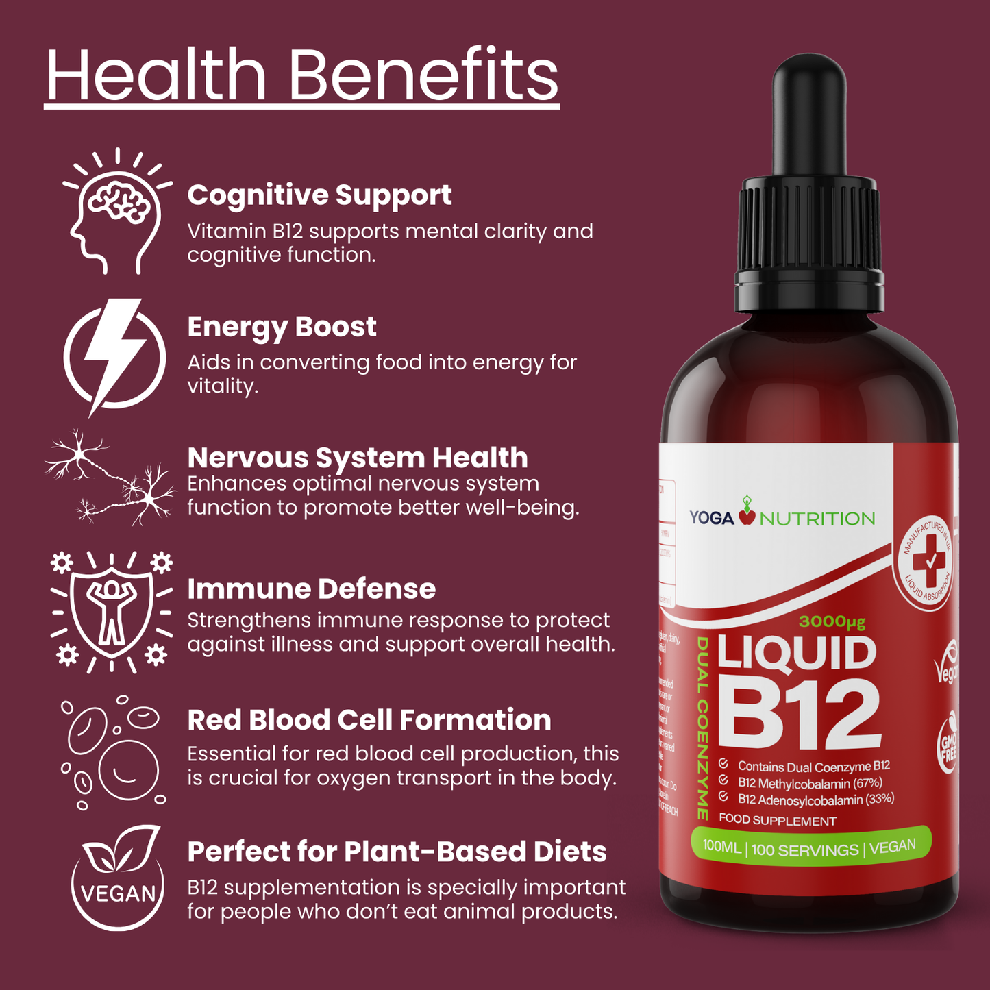 Liquid B12 supplement in a modern bottle, aimed at enhancing vitality and supporting daily health needs.