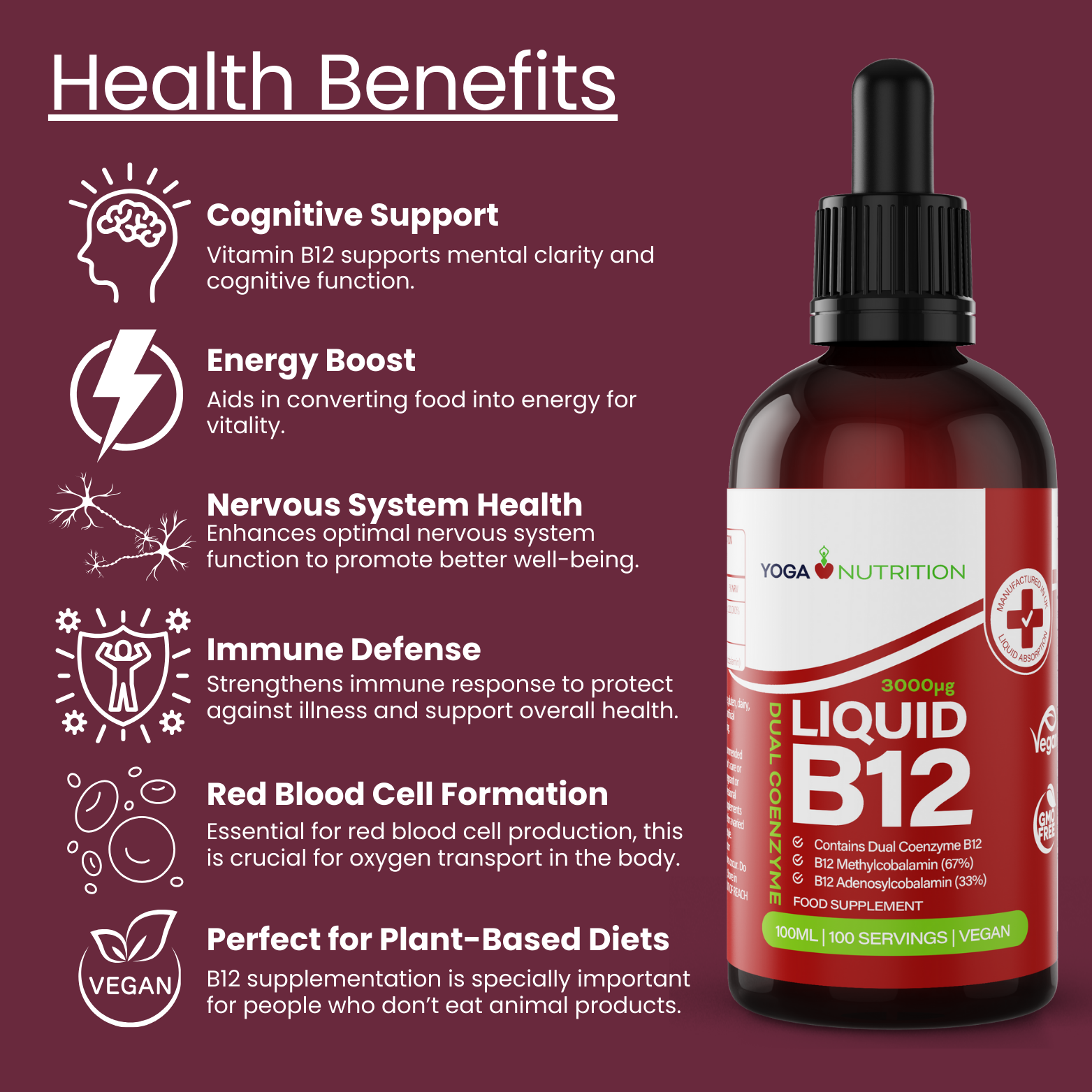 Liquid B12 supplement in a modern bottle, aimed at enhancing vitality and supporting daily health needs.