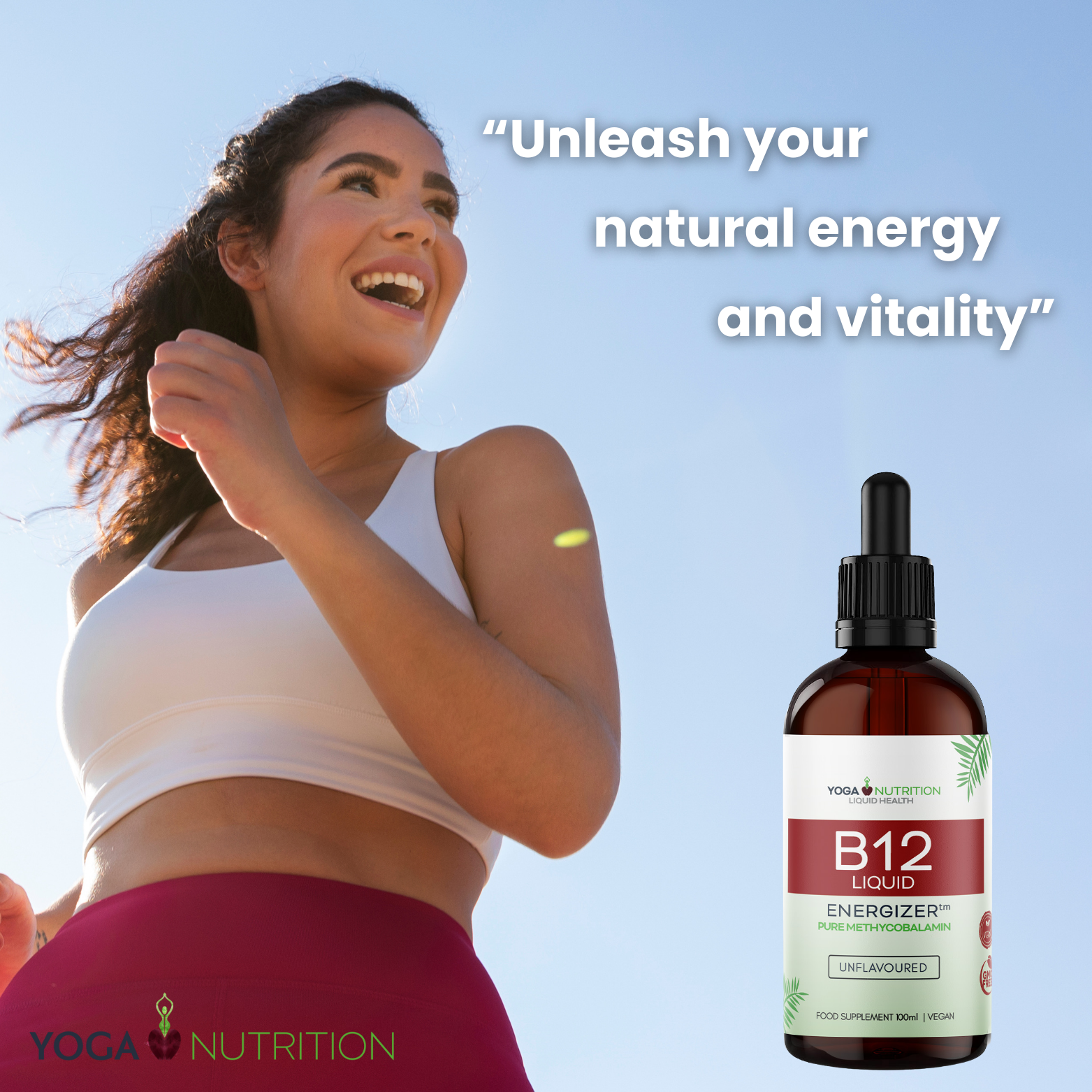 Yoga Nutrition presents vitamin B12 liquid energizer for women, fostering energy and health benefits.