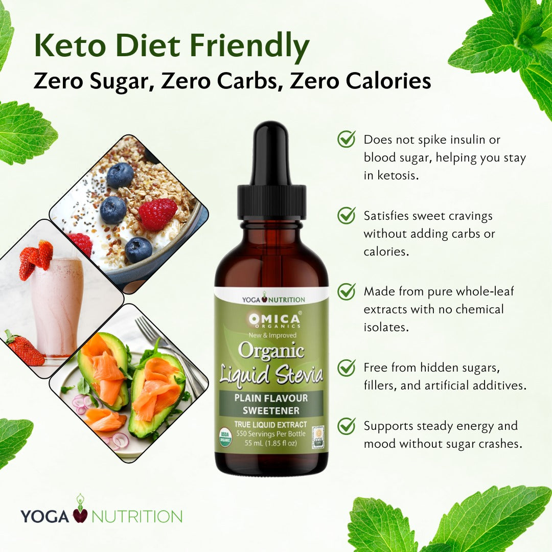Omica Organic Liquid Stevia Sweetener Drops - Plain - Zero Calories by Yoga Nutrition