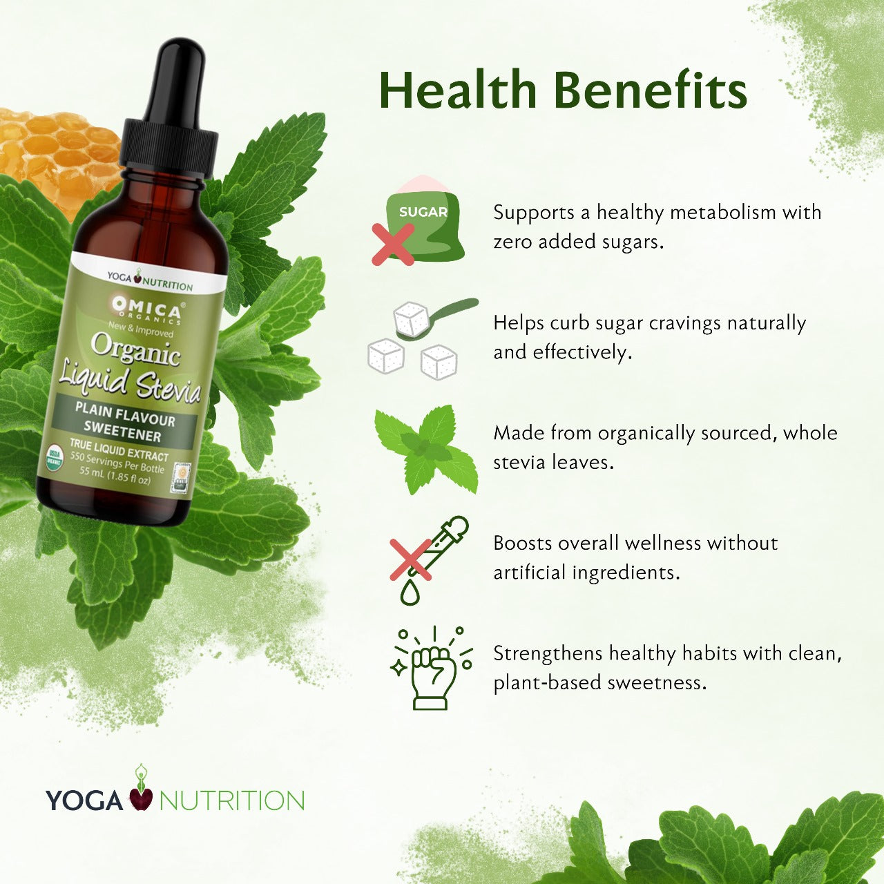 Omica Organic Liquid Stevia Sweetener Drops - Plain - Zero Calories by Yoga Nutrition