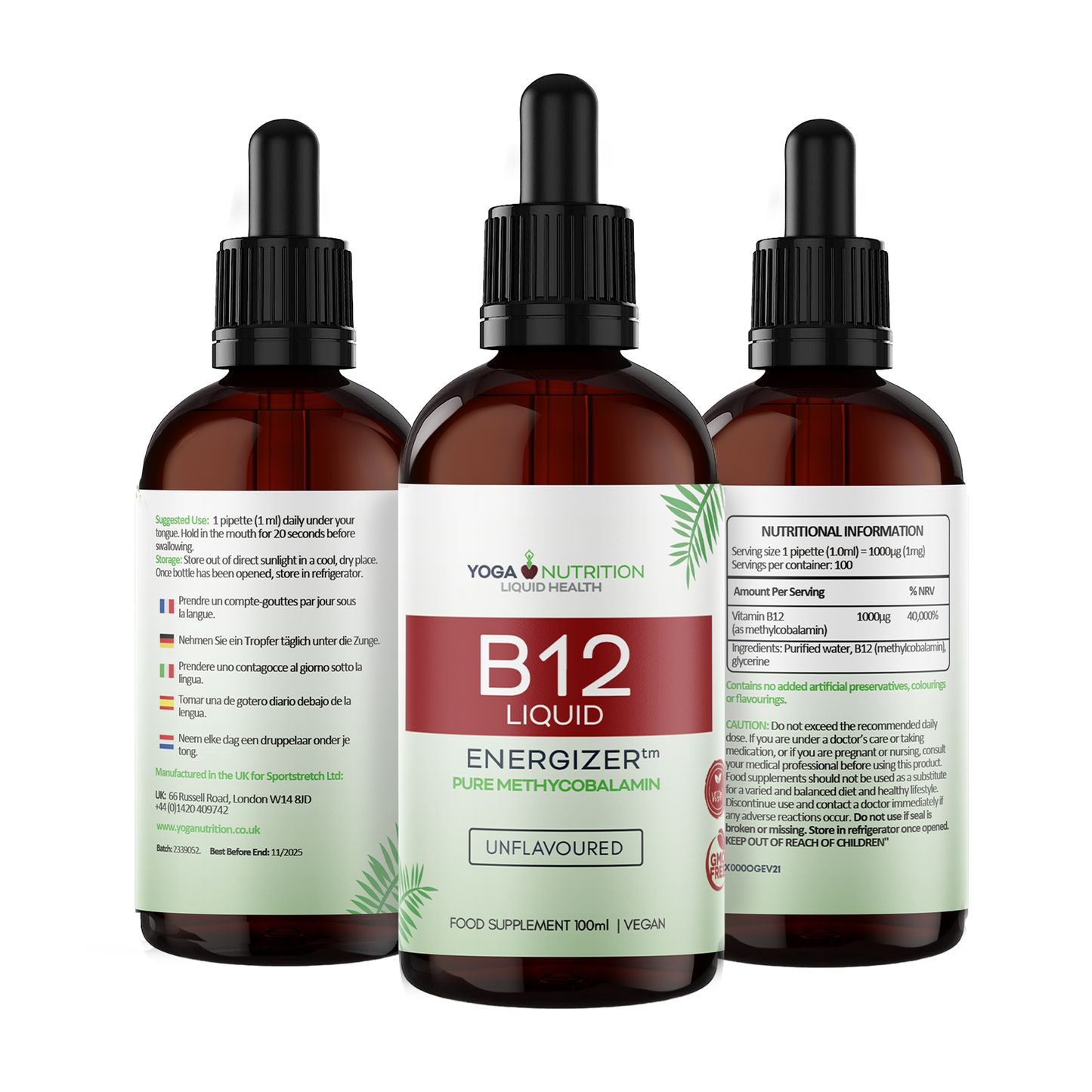 Yoga Nutrition's B12 supplement in liquid form, featuring three bottles for convenient daily use and health support.