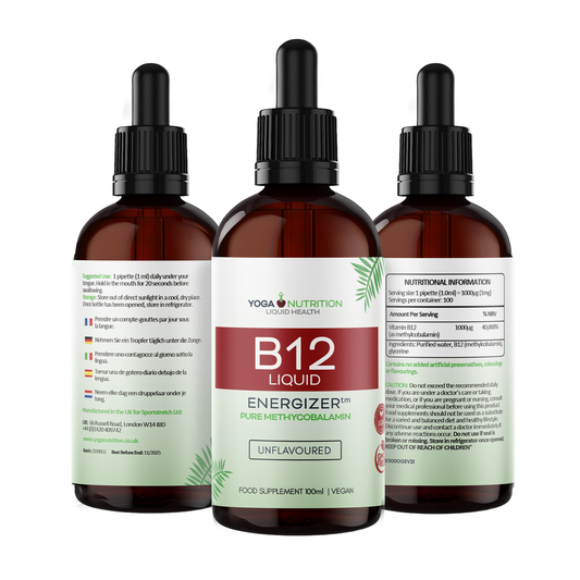 Yoga Nutrition's B12 supplement in liquid form, featuring three bottles for convenient daily use and health support.