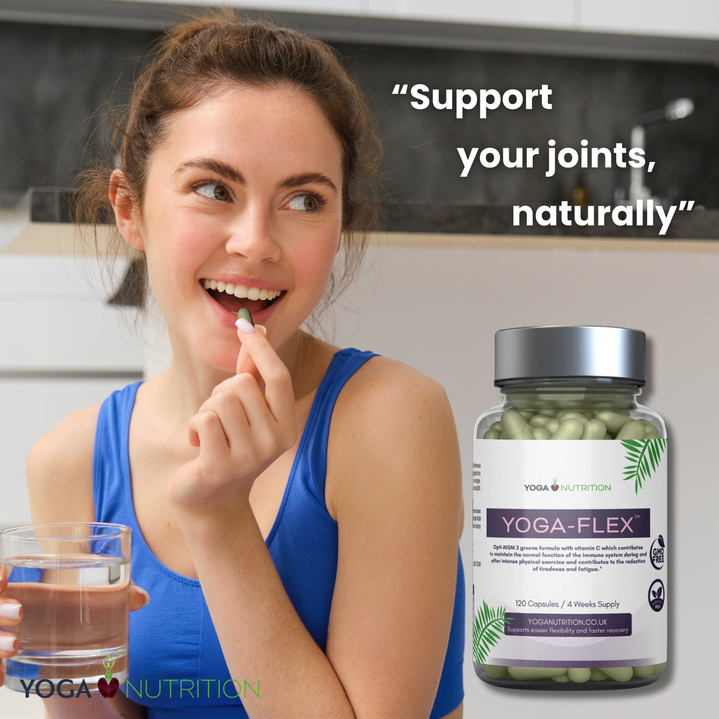 Smiling woman taking Yoga-Flex MSM joint supplement by Yoga Nutrition.