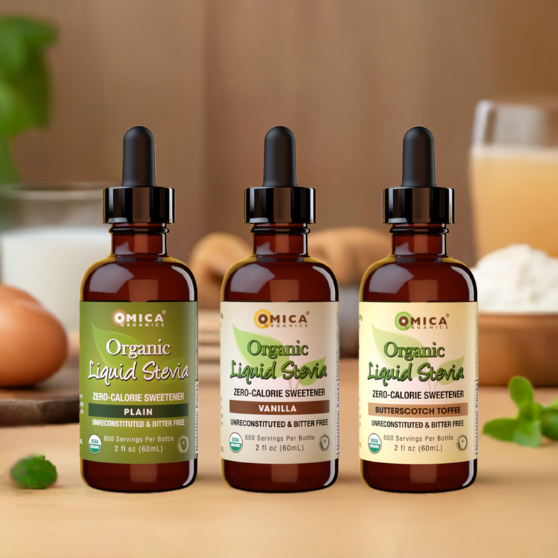 Yoga Nutrition Organic Liquid Stevia natural sweeteners in plain, vanilla, and peppermint varieties.