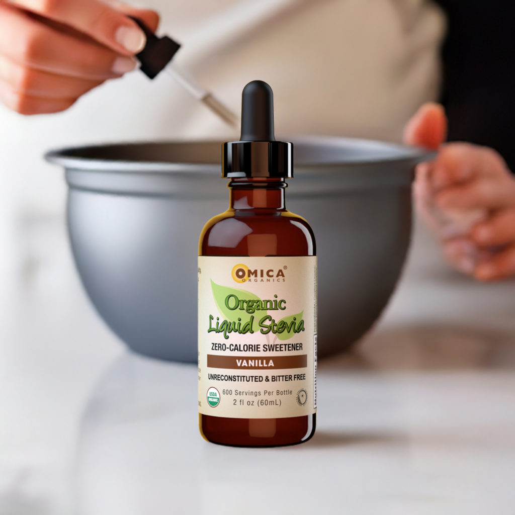 Yoga Nutrition stevia liquid drops in a brown glass bottle, shown with a bowl and dropper in use.