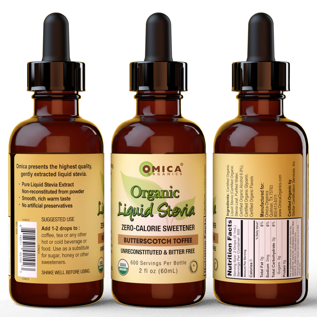 Organic liquid stevia bottle by Yoga Nutrition, a zero-calorie sweetener in butterscotch flavor.