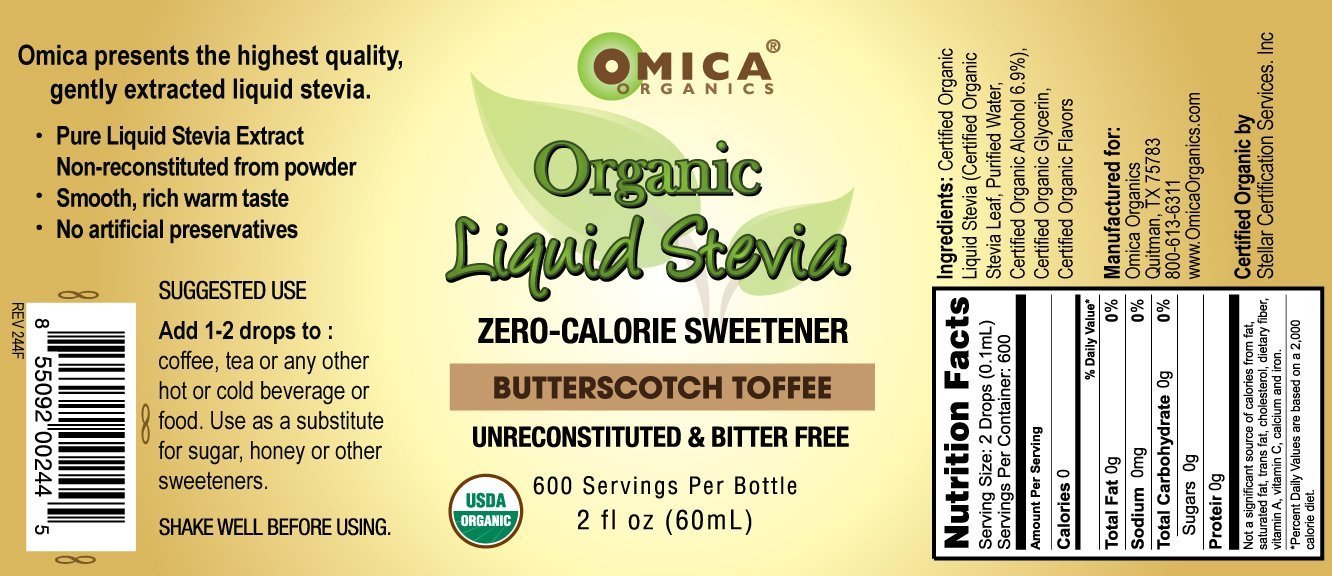 Organic Liquid Stevia label by Yoga Nutrition, featuring zero-calorie organic stevia in butterscotch flavor.