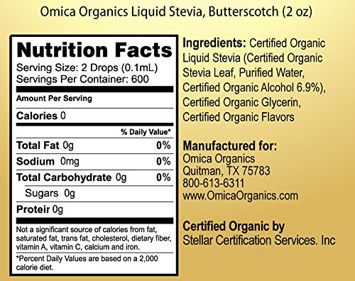 Nutrition facts label for Organic Liquid Stevia by Yoga Nutrition, a stevia sweetener with zero calories.