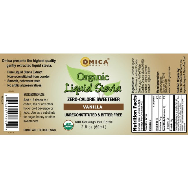 Yoga Nutrition's Organic Liquid Stevia Vanilla, sugar-free sweetener crafted with stevia leaf extract.